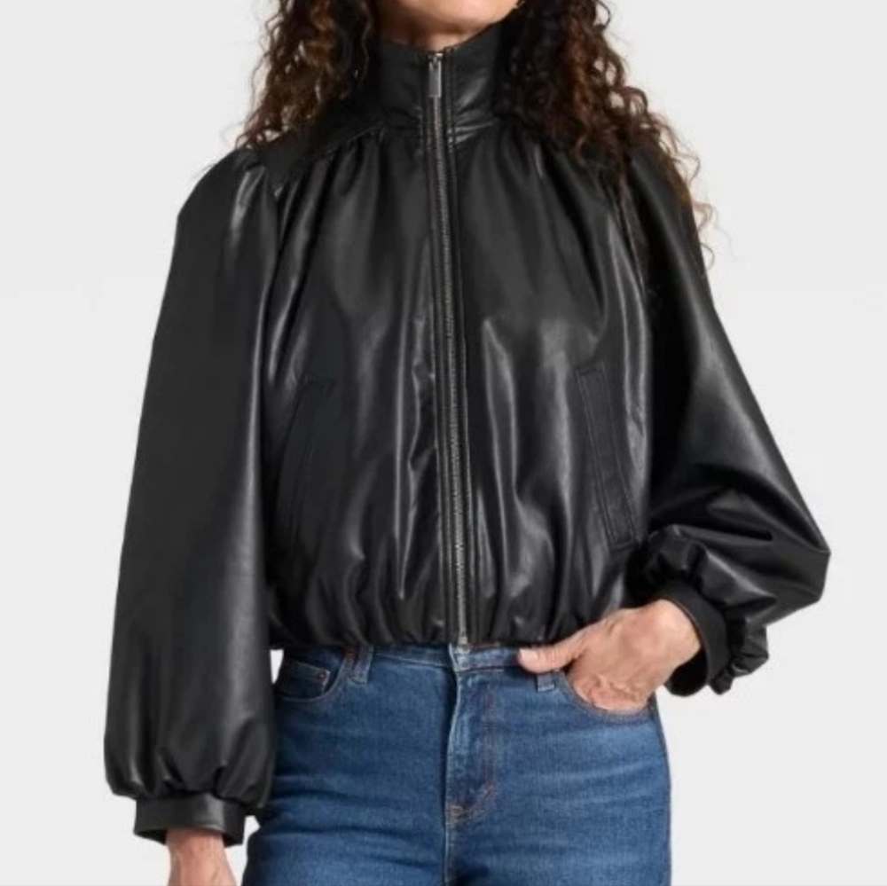 NWOT Universal Thread Black Faux Leather Gathered Bomber Jacket Size XL